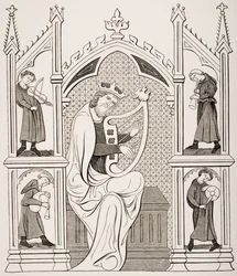 King David Playing the Lyre omgiven av fyra musiker, efter en miniatyr i en manuskriptpsalter, från 